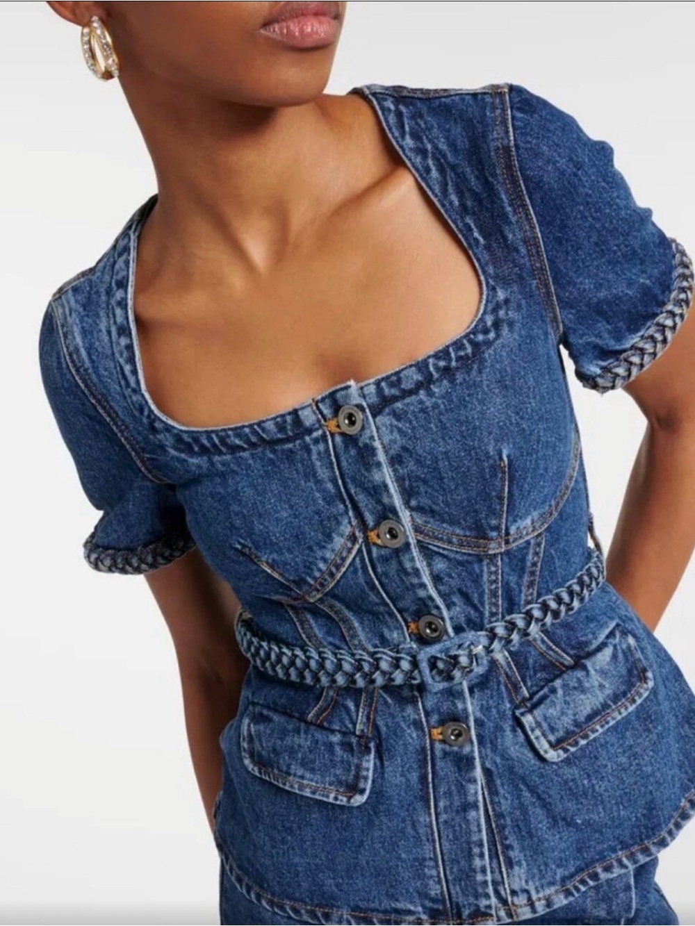 Self-Portrait Blue Denim Button-Front Peplum Top